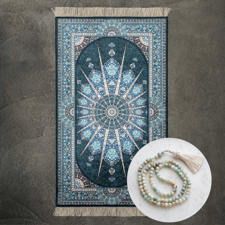 Blue Eye bedetæppe og tasbih i amazonit sammen – Seven Sajadas premium gavesæt