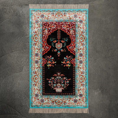 Aesthetic Gebetsteppich in Schwarz mit Blumenvase unter einem Mihrab-Bogen, Gesamtansicht
