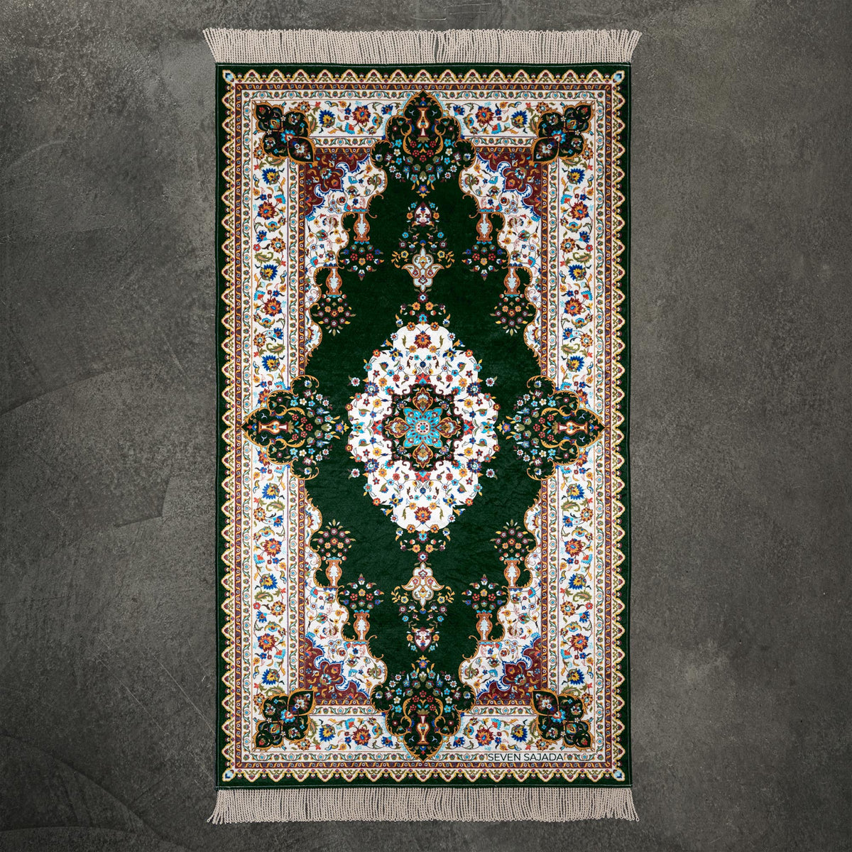 Blossom prayer mat in green with a floral medallion and a cream floral border, full view #color_green
