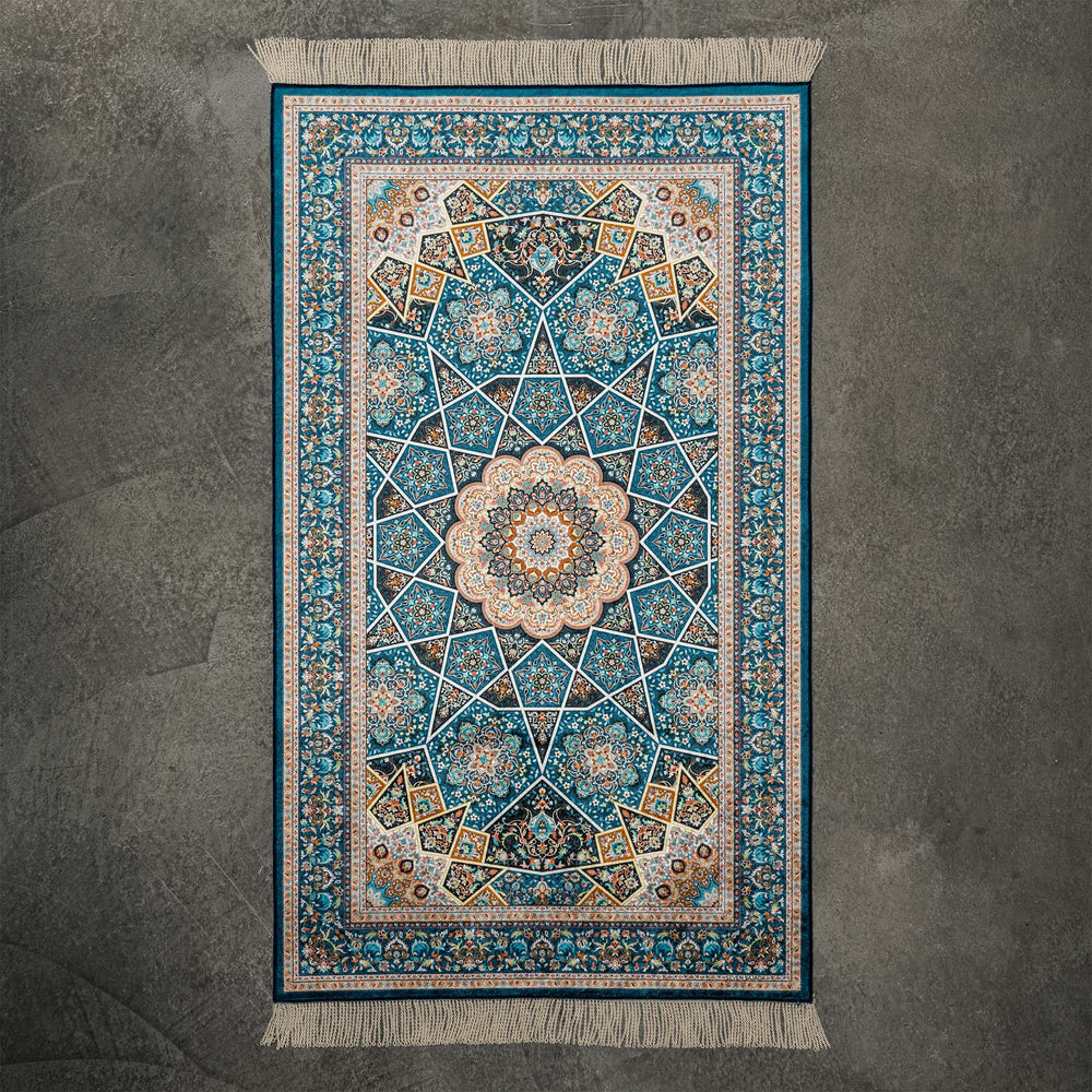 Oriental prayer mat with a turquoise geometric star medallion and cream fringe, full view